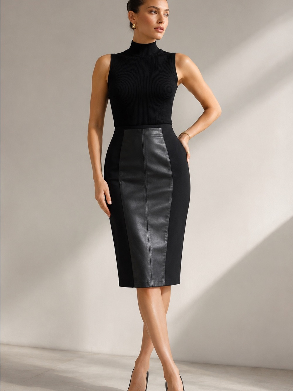 Neiman Marcus Leather Panel Pencil Skirt Black Stretch Minimalist Quiet Luxury M